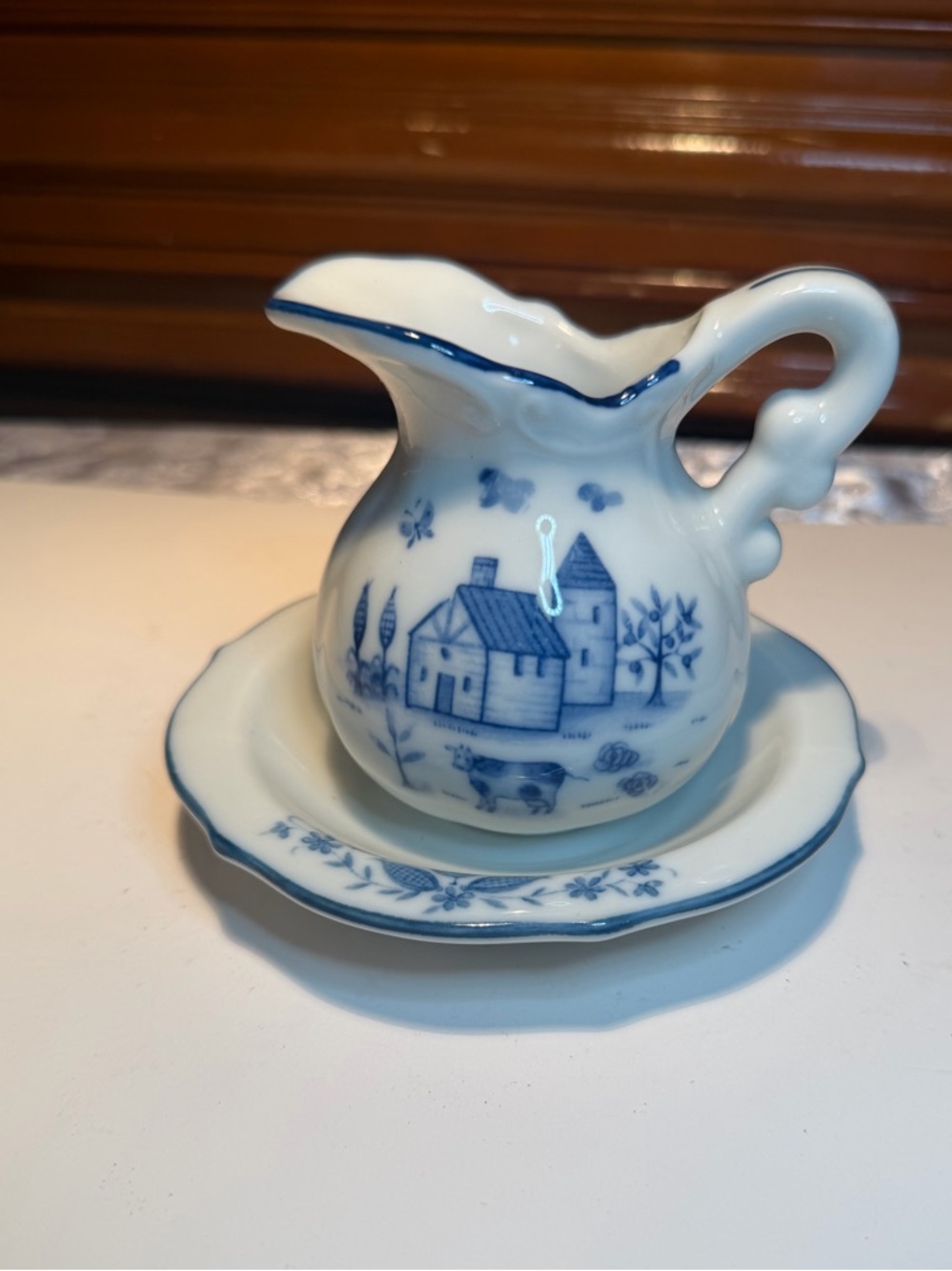 Vintage Blue White Miniature Ceramic Pitcher With Saucer, farmhouse "barn style"